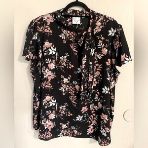 JanetChung black and pink floral casual blouse tie front size 2X shirt sleeve